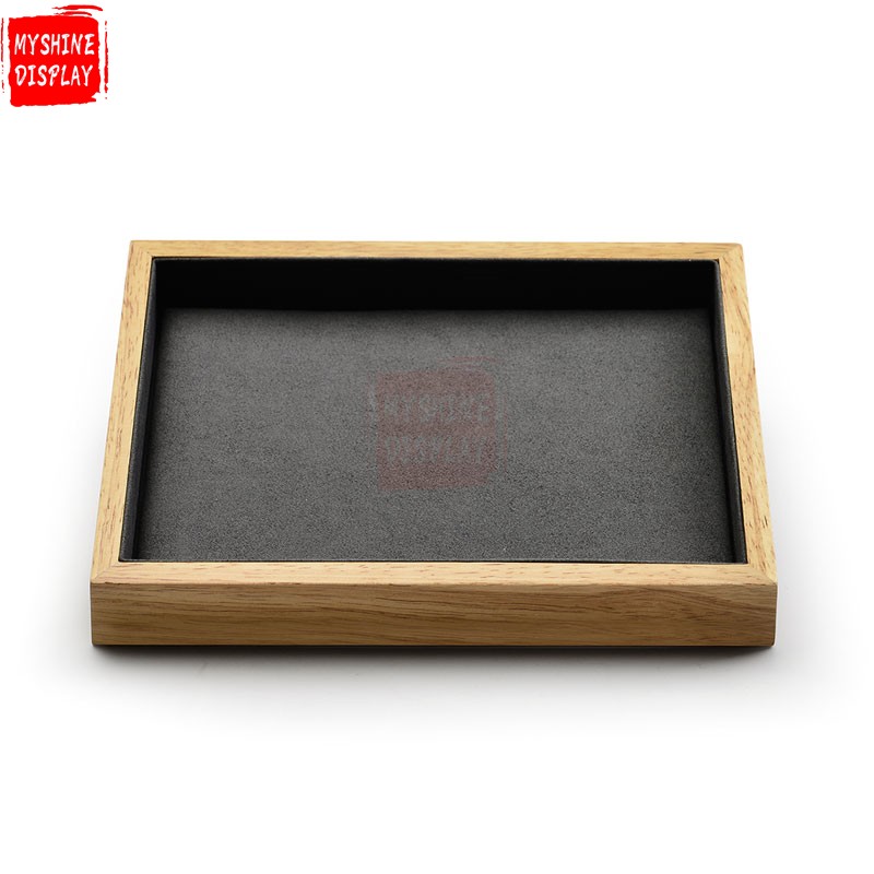 Beige And Gray Microfiber Jewellery Display Service Trays For Ring Necklace Bracelet Showcase Solid Wood Luxury Empty Jewelry Serving Tray