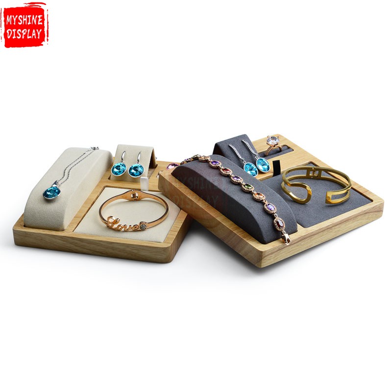 Luxury Beige And Gray Microfiber Jewellery Set Trays For Ring Earrings Bracelet Necklace Pendant Showcase Solid Wood Jewelry Display Tray