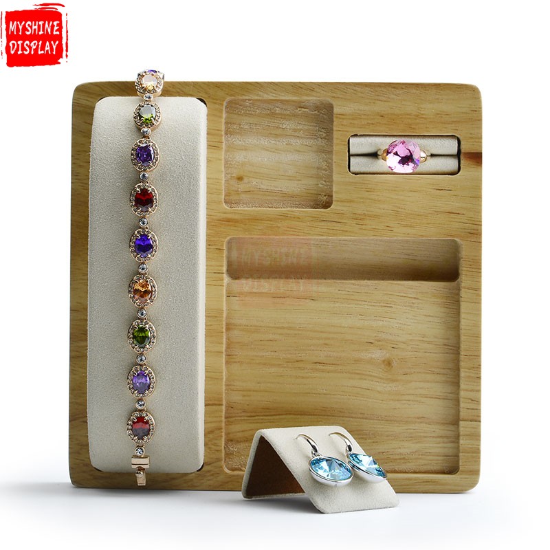 Luxury Beige And Gray Microfiber Jewellery Set Trays For Ring Earrings Bracelet Necklace Pendant Showcase Solid Wood Jewelry Display Tray