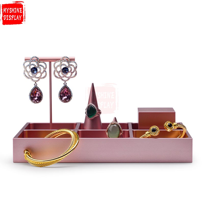 Custom Luxury Jewellery Display Holder Empty and six Grids Service Organizer Rose Gold Metal Jewelry Tray