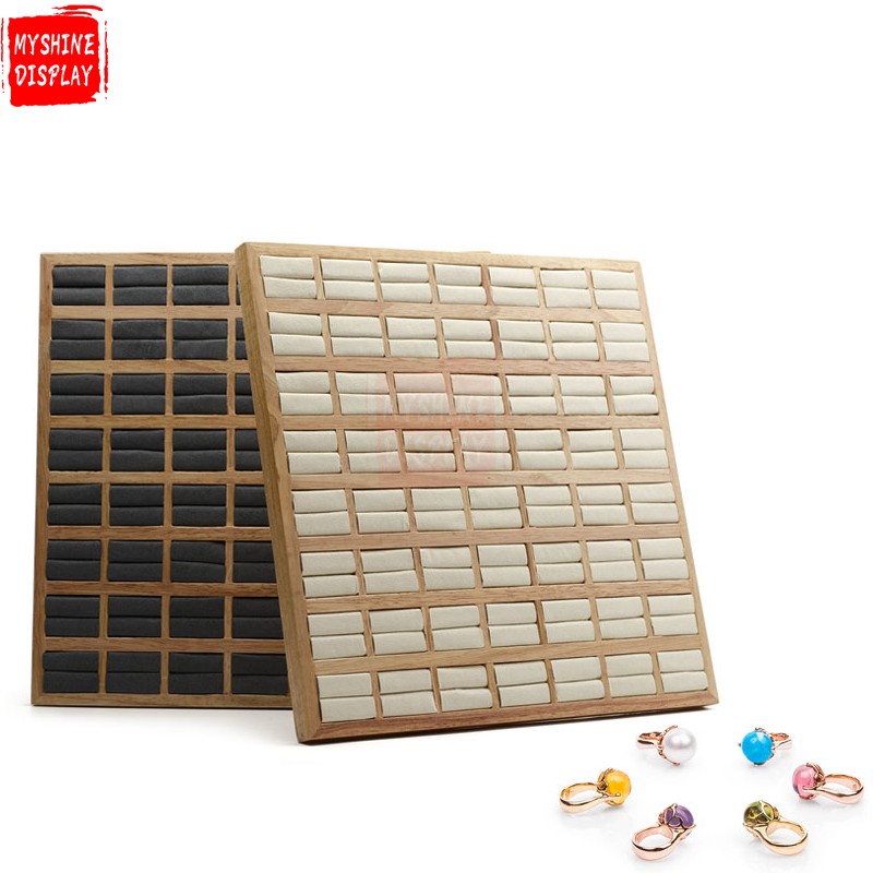 Custom Big Jewelry Wedding Ring Showcase Trays With Microfiber For 56 Engagement Rings Solid Wood Ring Serving Tray