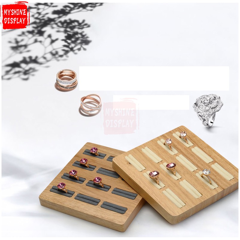 Custom Microfiber Jewelry Shop Counter Display For 12 Rings Original Wooden Ring Tray