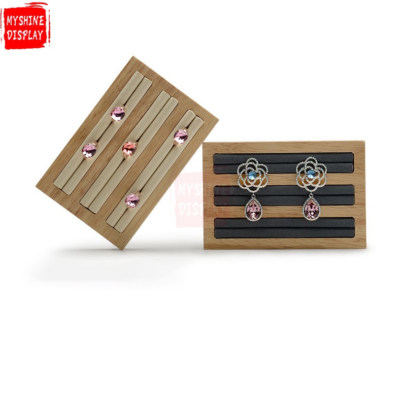 Custom Natural Wood Jewelry Shop Showcase Display Props With Micrifiber For Ring Earrings Samll Wooden Ring Display Tray