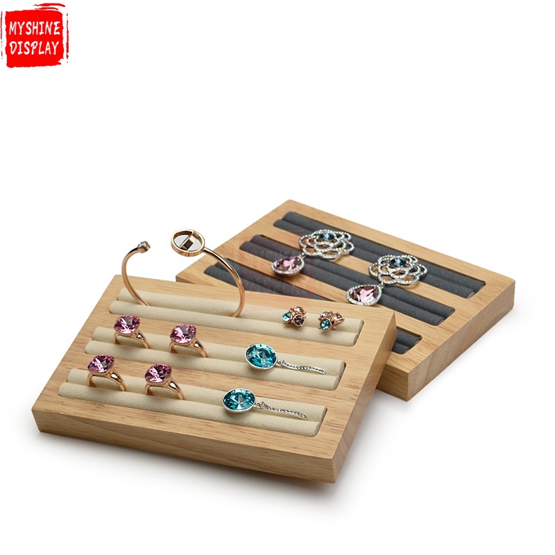 Custom Natural Wood Jewelry Shop Showcase Display Props With Micrifiber For Ring Earrings Samll Wooden Ring Display Tray