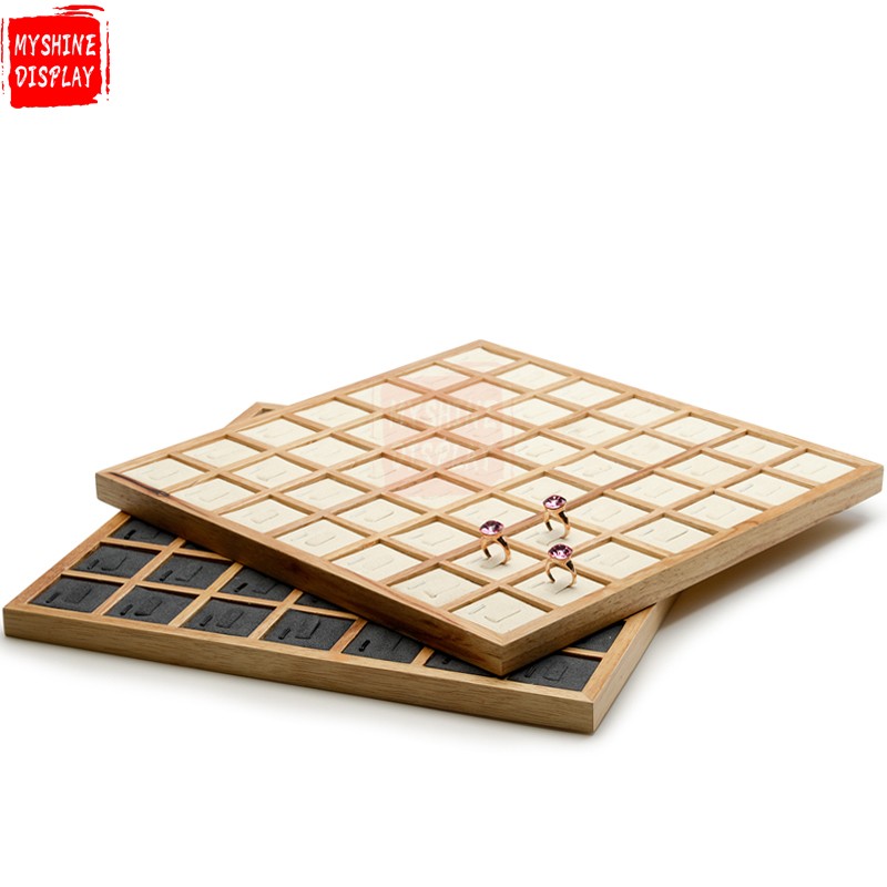 Wholesale Custom Big Jewelry Display Trays With Beige Gray Microfiber Insert For 49 Rings Showcase Wooden Ring Tray