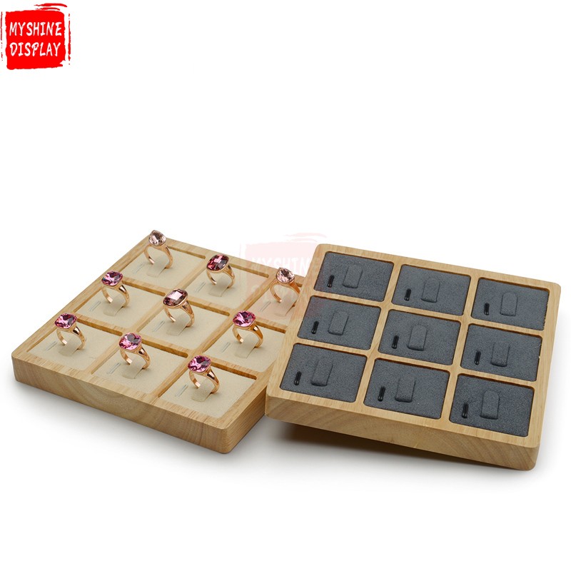 Wholesale Custom Solid Wood Jewelry Organizer With Microfiber Insert With 9 Grids For Wooden Wedding Ring Display Tray
