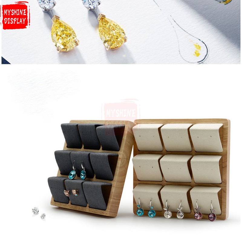 OEM Custom Natural Wood Jewelry Display Tray With Microfiber Insert For 9 Earrings Jewelry Earring Tray