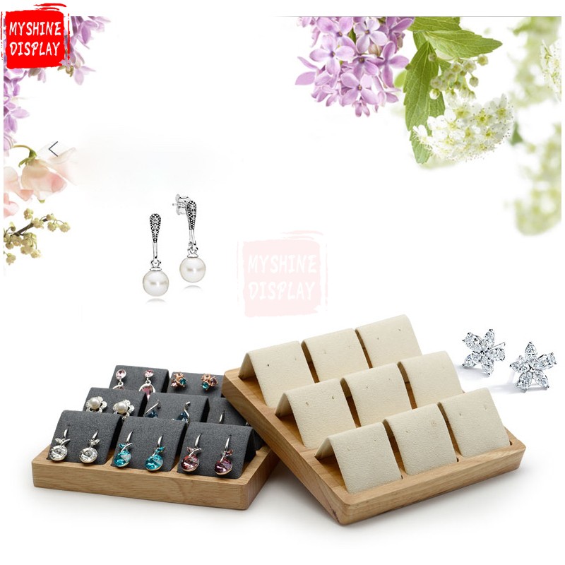 OEM Custom Natural Wood Jewelry Display Tray With Microfiber Insert For 9 Earrings Jewelry Earring Tray