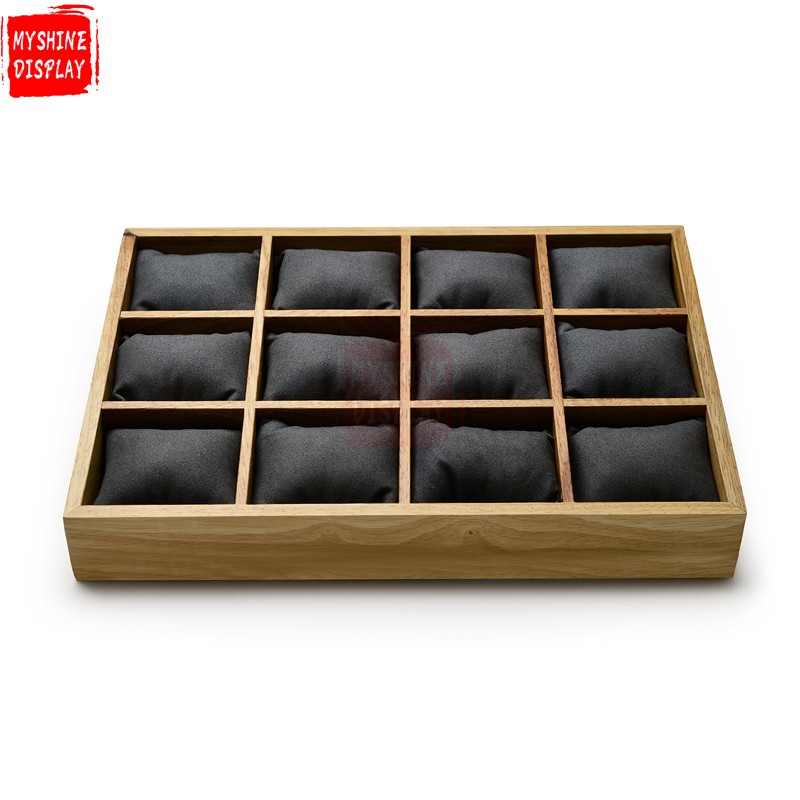 Custom OEM Jewelry Display Trays With Microfiber Pillow For Bangle Bracelet Showcase Solid Wood Watch Tray