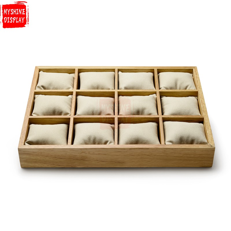 Custom OEM Jewelry Display Trays With Microfiber Pillow For Bangle Bracelet Showcase Solid Wood Watch Tray