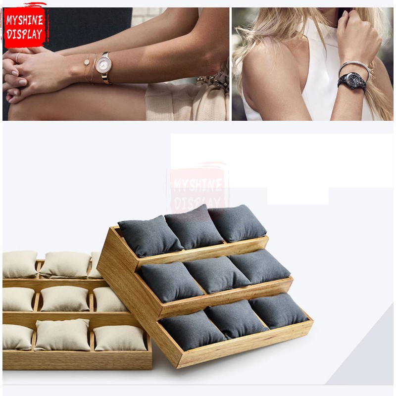 OEM Custom Solid Wood Jewellery Bangle Bracelet Exhibitor Trays With Microfiber Insert Watch Display Tray