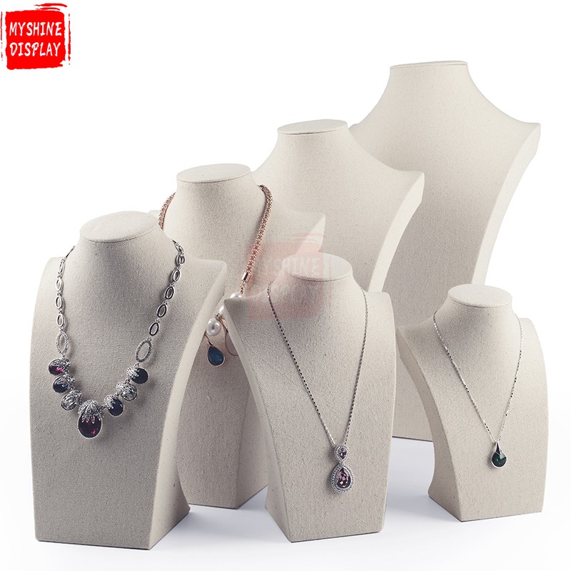 Chinese Factory Wholesale Custom Shop Showcase Creamy White Linen Jewelry Mannequin Stand Neck Model Jewelry Display Necklace Bust