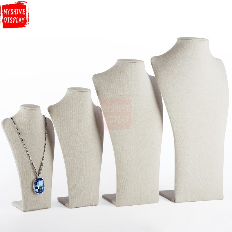 Factory Wholesale And Custom Jewelry Display High Quality MDF Wood With White Cardboard Korea Linen Creamy White Necklace Display Bust