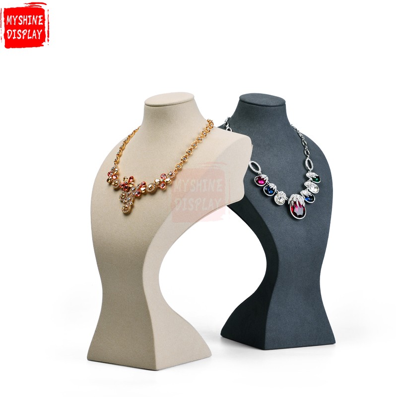 Jewelry Shop Counter And Window Display For Necklace Exhibitor beige And Gray Microfiber Jewellery Bust Elegant Resin Necklace Mannequin