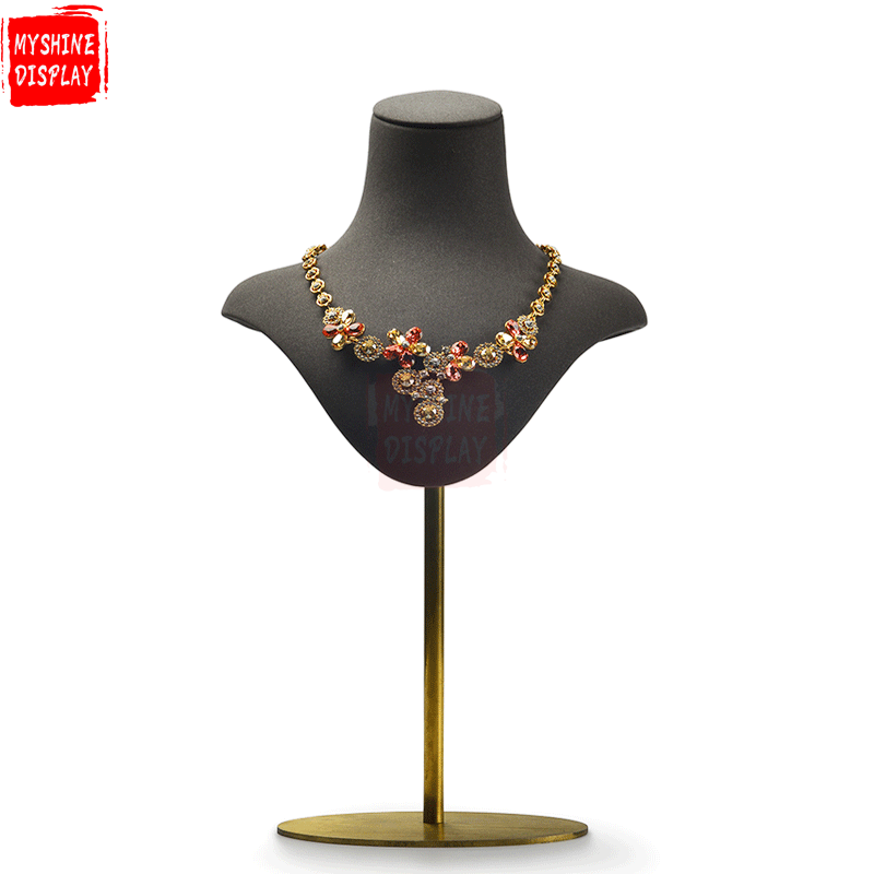Wholesale Custom Jewelry Display Mannequin With Metal Base And Rack For Necklace Pendant Showcase Luxury Leather Necklace Bust