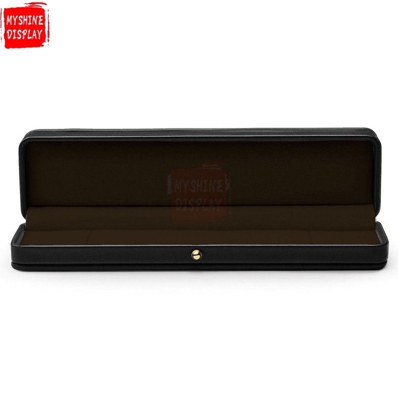 Black PU leather jewelry packing box with brown velvet inside with metal button