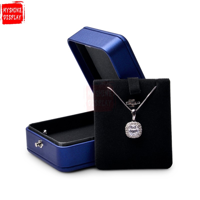 Blue leather jewelry packaging box with black velvet inside for ring pendant necklace