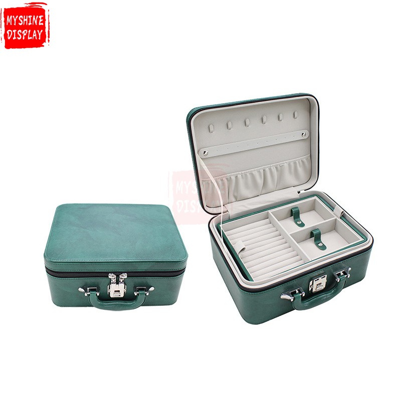 Blue brown leather multifunction jewelry storage box case