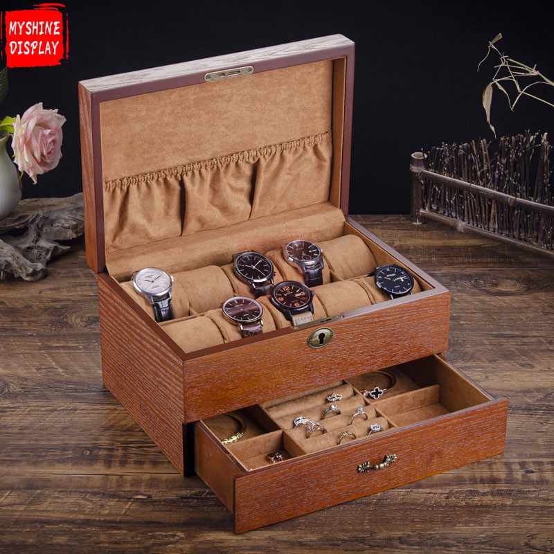Brown wooden multifunction jewelry organizer box
