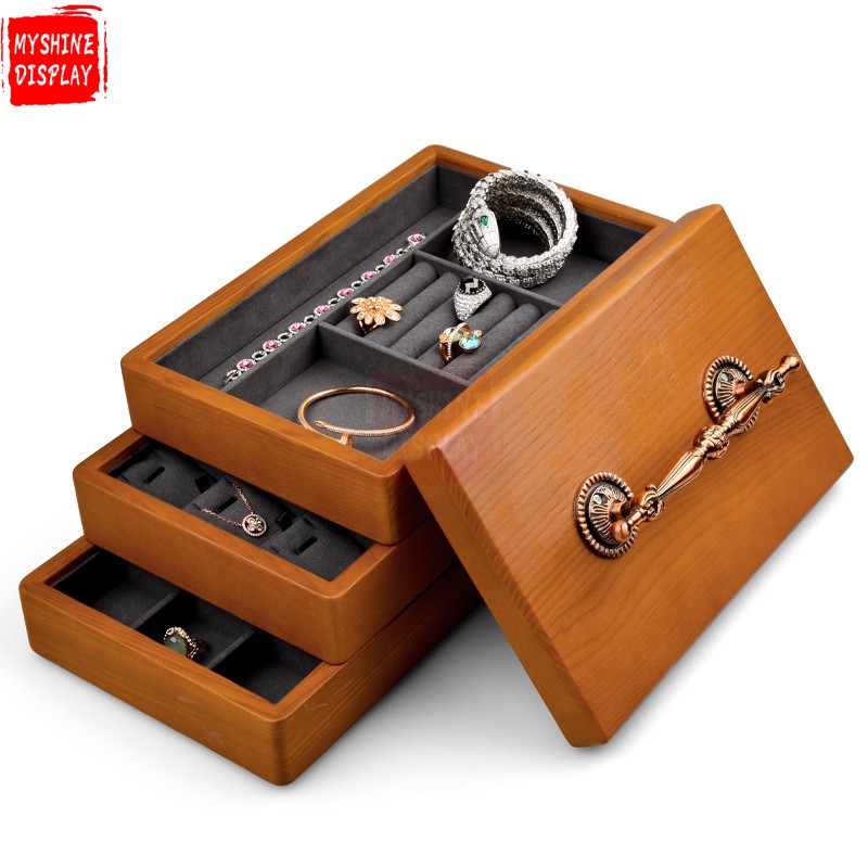 Custom wooden jewelry organizer box with handle