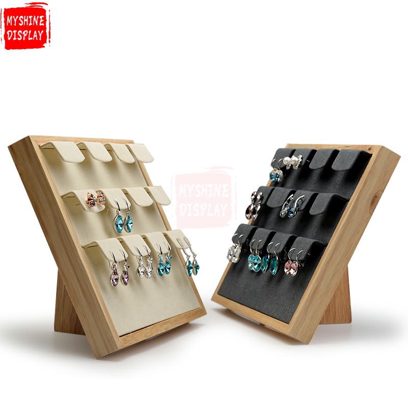 Custom Wood Jewelry Display Stand With Microfiber Rack For 12 Earrings Jewellery Shop Counter Showcase Wooden Earring Holder