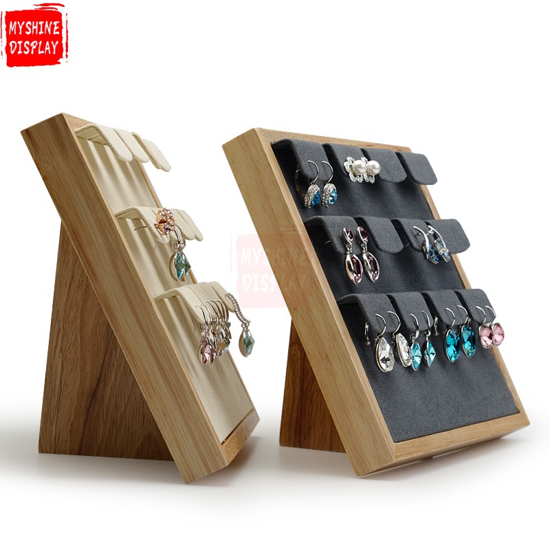 Custom Wood Jewelry Display Stand With Microfiber Rack For 12 Earrings Jewellery Shop Counter Showcase Wooden Earring Holder