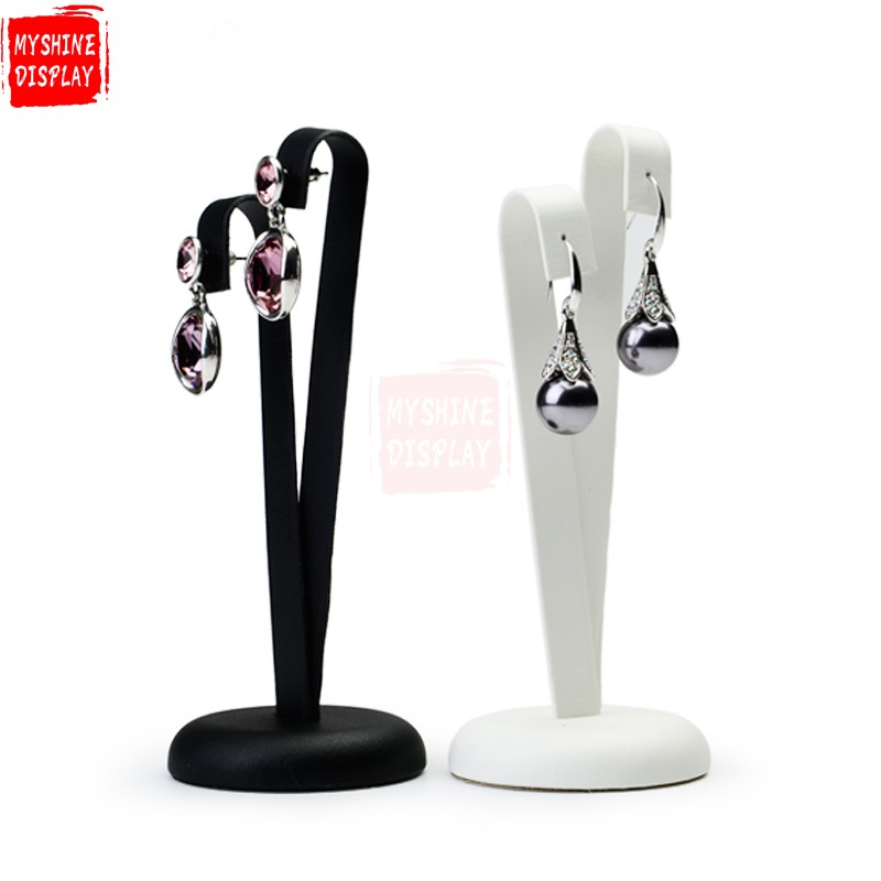 Custom Jewelry Display Stand For Shop Counter And Store Window Black And White PU Leather Earring Holder