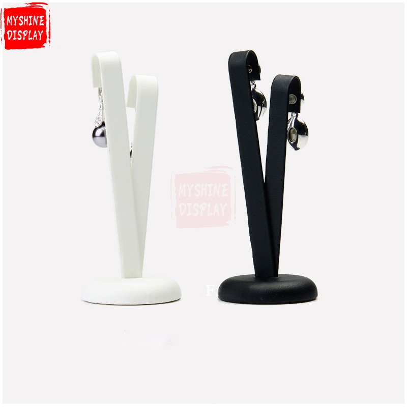 Custom Jewelry Display Stand For Shop Counter And Store Window Black And White PU Leather Earring Holder