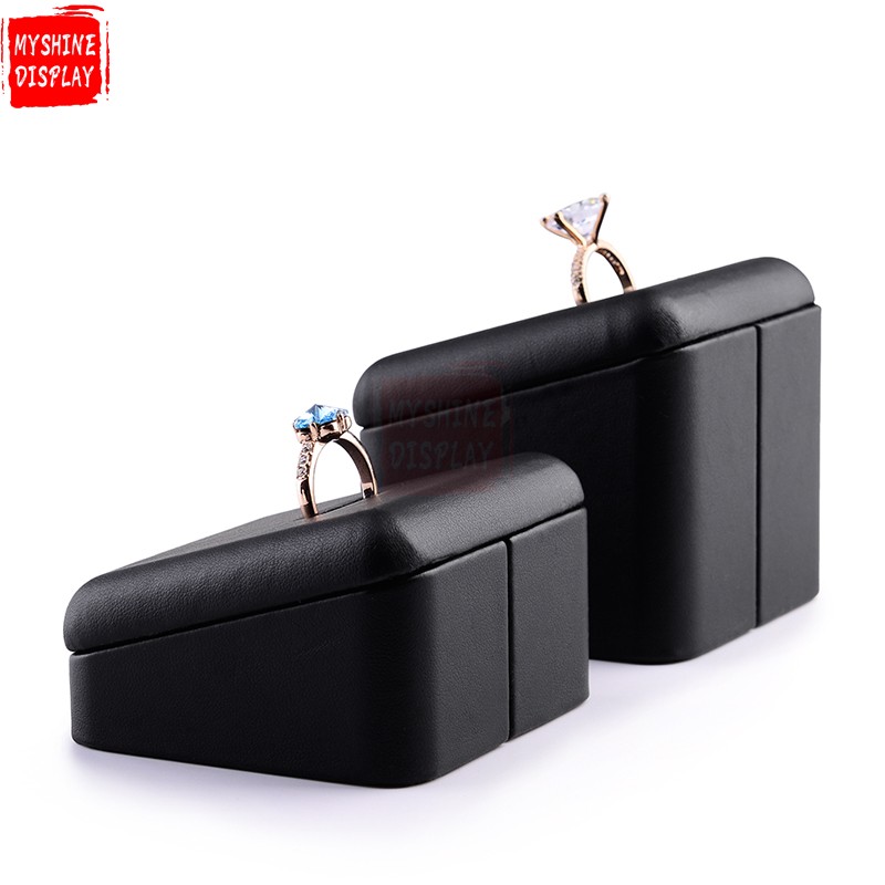 Manufacturer Custom Black Or White Color MDF Wood PU Leather Two-piece Ring Holder Ring Display Stand