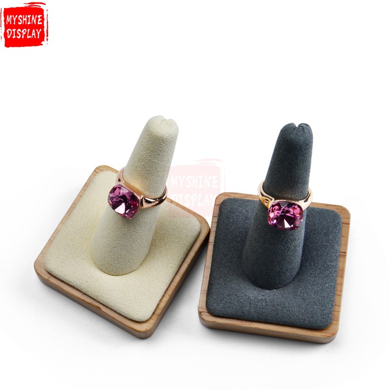 Wholesale Factory Beige And Gray Microfiber Jewelry Display Holder For Ring Exhibitor Organizer Solid Wood Core Finger Ring Display