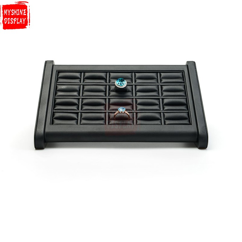 Black PU Leather Jewelry Exhibitor Organizer For 20 Rings Holder Ring Display Props