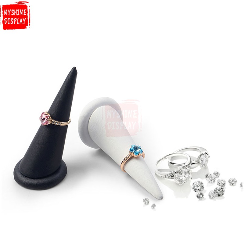 Custom Black And White PU Leather Jewelry Exhibitor Organizer For Jewellery Cone Ring Display Holder