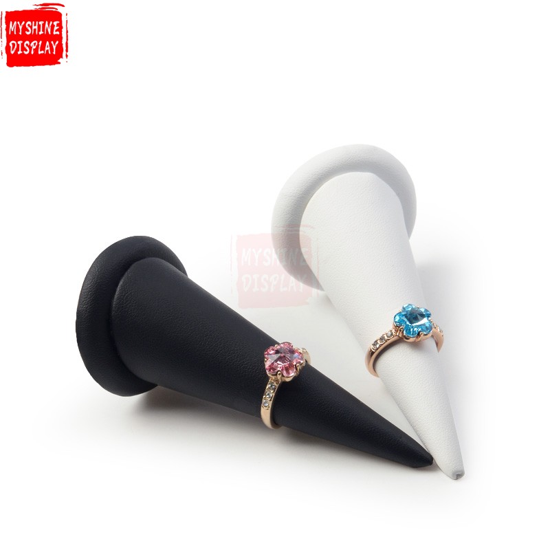 Custom Black And White PU Leather Jewelry Exhibitor Organizer For Jewellery Cone Ring Display Holder