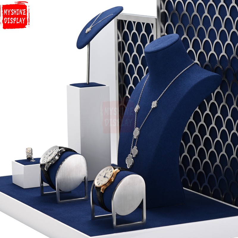 Custom metal jewellery display stand set exhibitor with blue microfiber