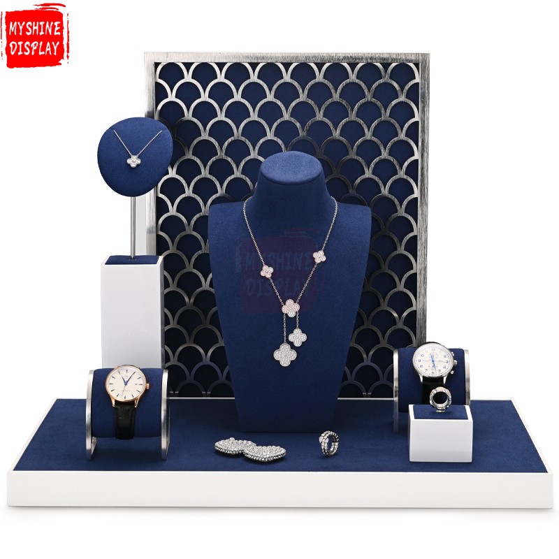 Custom metal jewellery display stand set exhibitor with blue microfiber