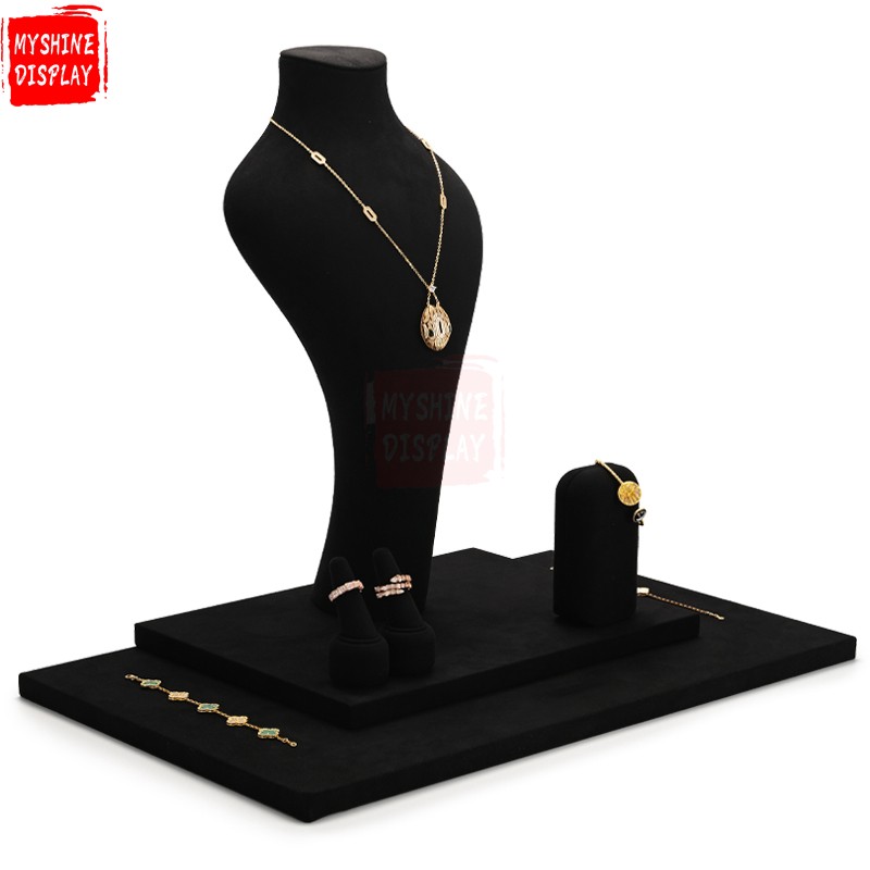 Custom counter black microfiber jewellery display stand set exhibitor