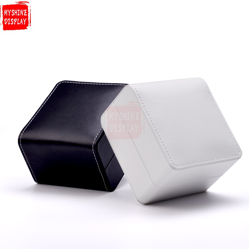 Custom Watch box with sewing with velvet pillow black and white PU leather watch packaging box