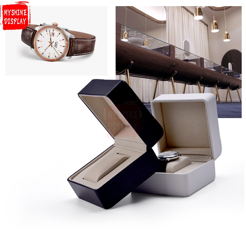 Custom Watch box with sewing with velvet pillow black and white PU leather watch packaging box