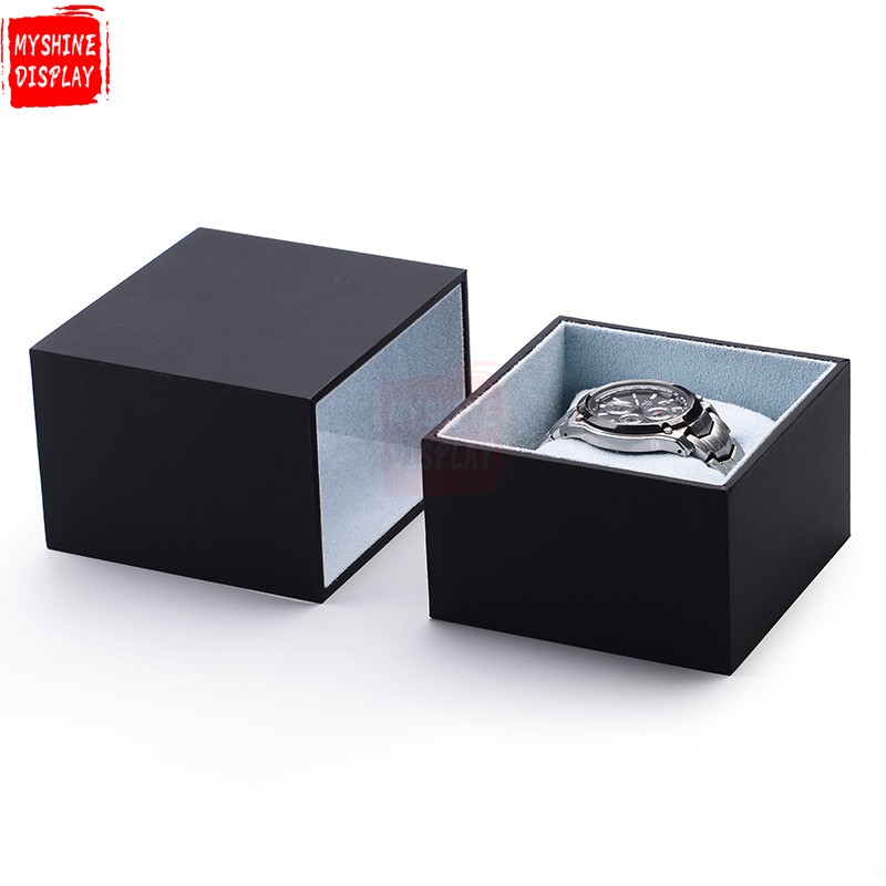 Luxury Custom Logo Black Color Men Women Watch Box With Suede Insert Drawer Boxes
