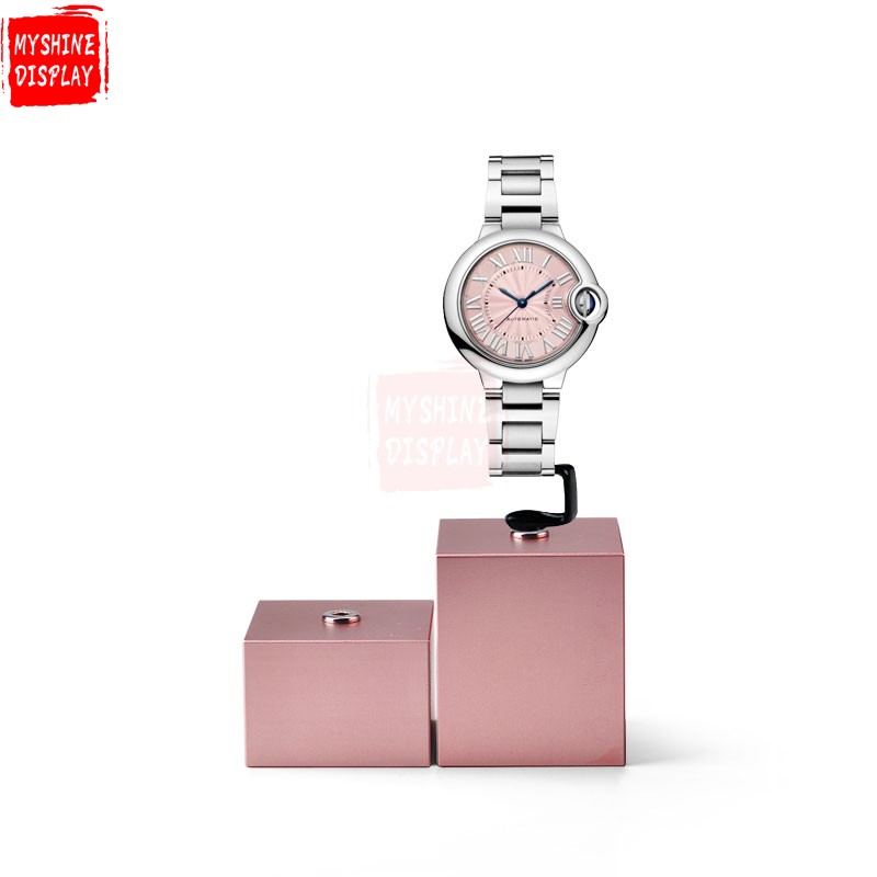 China Custom logo retail watch display rose gold metal stand display watch with black C-ring watch stand display