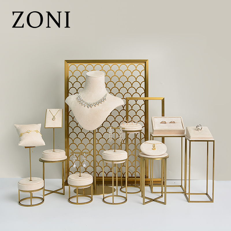 ZONI Custom High-end Light  Beige Jewelry Display Custom Jewelry Display Stands For Counter Window Ring Necklace Bracelet Stands