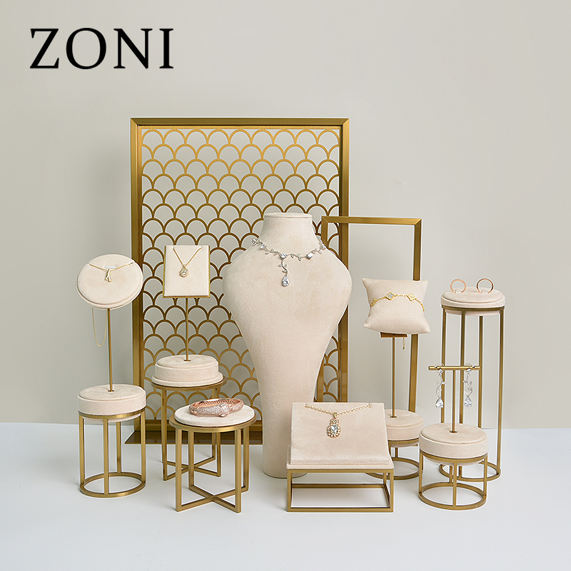ZONI Custom High-end Light  Beige Jewelry Display Custom Jewelry Display Stands For Counter Window Ring Necklace Bracelet Stands